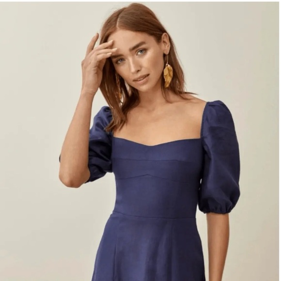 Reformation Belgium Linen Midi Dress in Danube Navy Puff Sleeve Fit Flare Size 4 - Picture 3 of 10